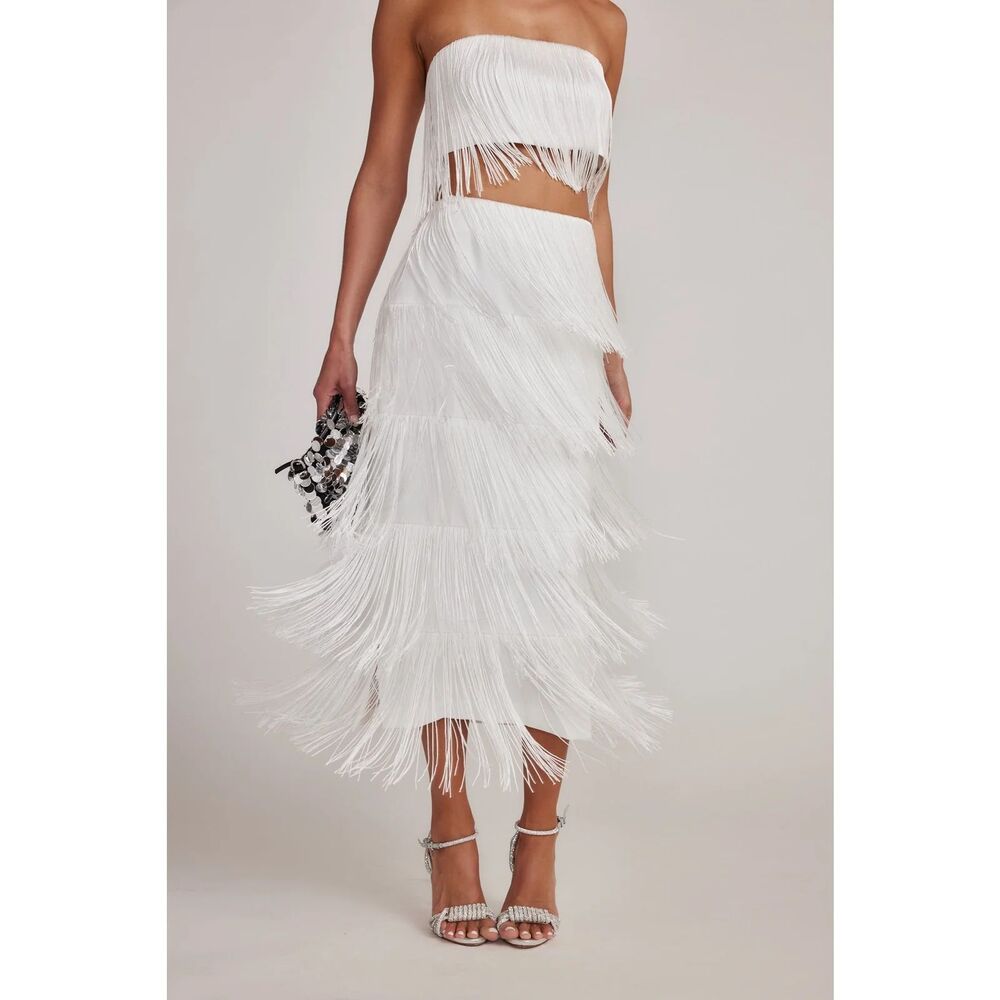 NWT 12TH TRIBE White Fringe Gatsby Tiered Flapper Boho Midi Skirt Size XL